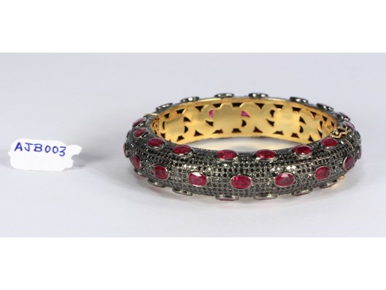 Antique Style Openable Bangle Cuff .925 Sterling Silver with Pave Diamonds and Ruby
