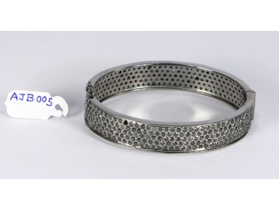 Antique Style Openable Oval Bangle Cuff .925 Sterling Silver with Pave Black Diamonds