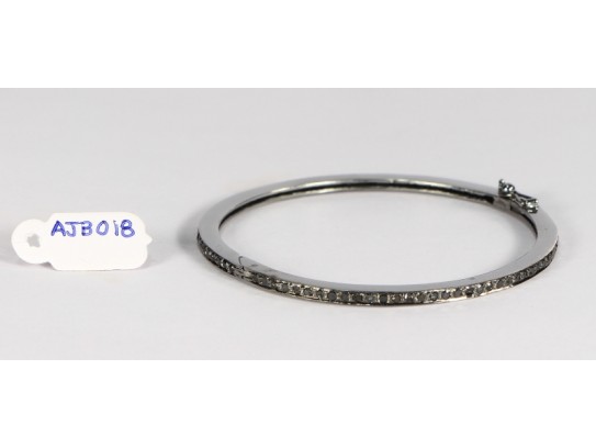 Antique Style Openable Round Bangle  .925 Sterling Silver with Single Line Pave Black Diamonds