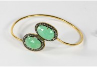 Antique Style Openable Round Bangle 14Kt Gold .925 Sterling Silver with Diamonds and Chrysoprase