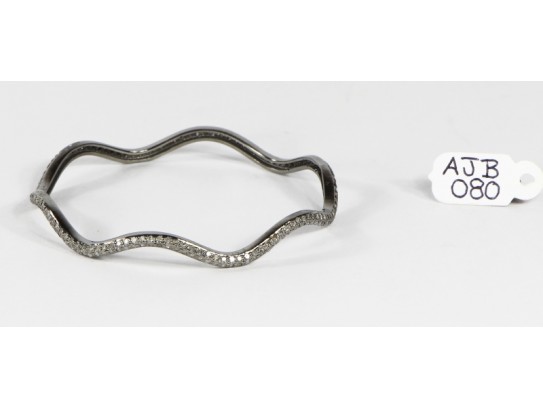 Antique Style Round Curved Branch Style Bangle  .925 Sterling Silver with Oxidized Pave Diamonds