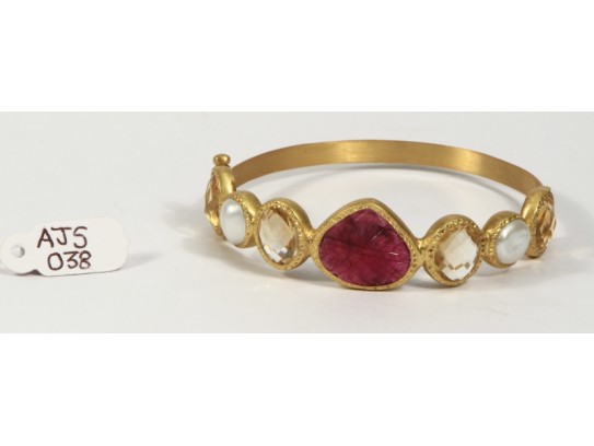 Antique Style Organic Bangle  .925 Sterling Silver Gold Micron Plated with Citrine Pearls and Carved Ruby
