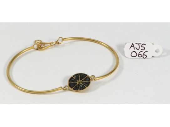 Antique Style Organic Bangle Bracelet  .925 Sterling Silver Gold Micron Plated with Black Diamond Slice Bead