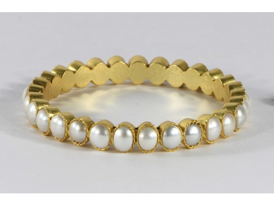 Antique style Organic Hammered Round Simple Matte Women Bangle .925 Sterling Silver with Gold Plating with Pearl Gemstones