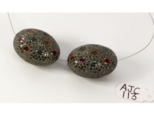 Antique Style Big Egg Shape Bead Finding .925 Sterling Silver with Oxidized Pave Diamonds and Sapphires