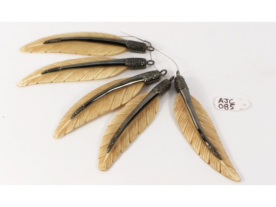 Antique Style Feather Design Natural Color Bone Charm Finding Pendant .925 Sterling Silver with Oxidized Pave Diamonds 