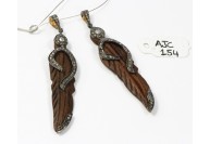 Antique Style Leaf Design Brown Color Wood Charm Finding Pendant .925 Sterling Silver with Oxidized Pave Diamonds 