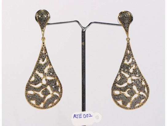 Antique Style Long Dangling 2-Tone  Earrings .925 Sterling Silver with Oxidized Black Pave Diamonds