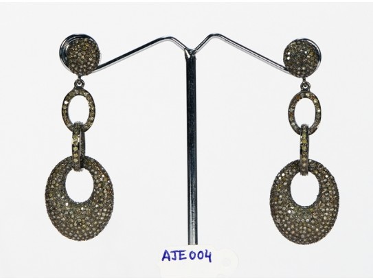 Antique Style Long Dangling  Link Style Earrings .925 Sterling Silver with Oxidized  Pave Diamonds