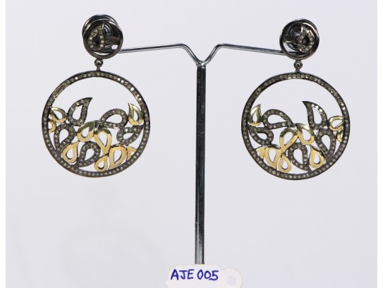Antique Style Round Dangling 2-Tone  Earrings .925 Sterling Silver with Oxidized Pave Diamonds