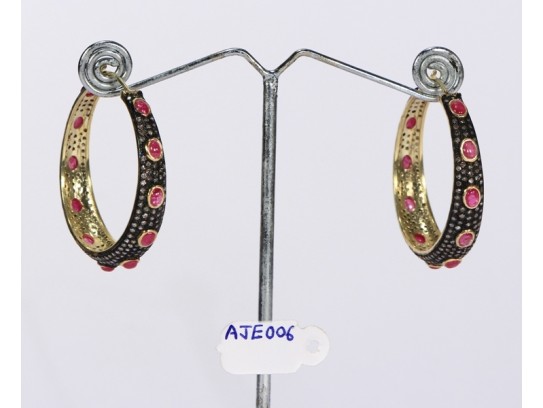 Antique Style Hoops Earrings .925 Sterling Silver with Oxidized  Pave Diamonds and Ruby Gemstone
