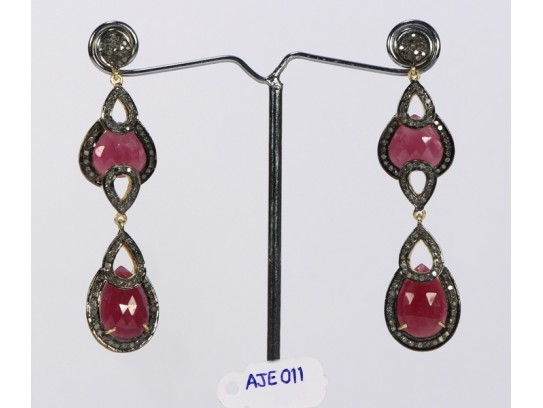Antique Style Long Dangling  Earrings .925 Sterling Silver with Oxidized  Pave Diamonds and Ruby