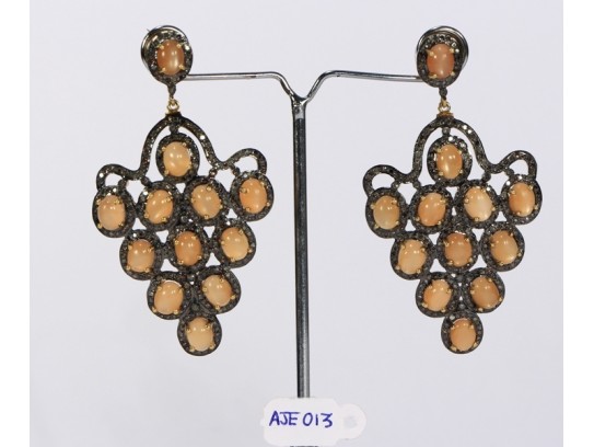 Antique Style Long Dangling  Earrings Grape Design  .925 Sterling Silver with Oxidized  Pave Diamonds and Orange Moonstone