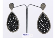 Antique Style Dangling  Drop Shape Earrings 14kt Gold  .925 Sterling Silver with Oxidized  Pave Diamonds and Carved Black Onyx