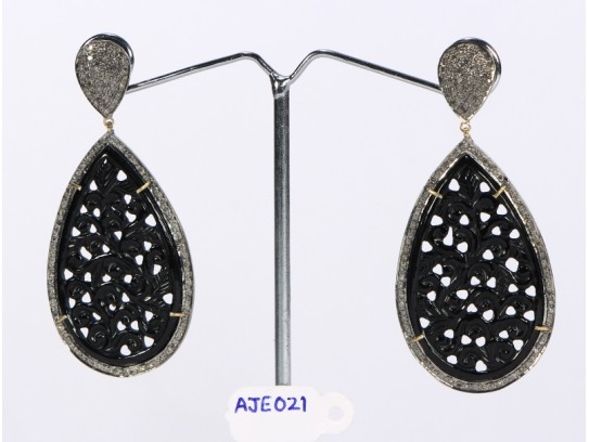 Antique Style Dangling  Drop Shape Earrings 14kt Gold  .925 Sterling Silver with Oxidized  Pave Diamonds and Carved Black Onyx