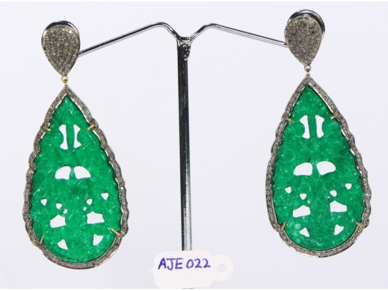 Antique Style Dangling  Drop Shape Earrings 14kt Gold  .925 Sterling Silver with Oxidized  Pave Diamonds and Carved Green Onyx Aventurine