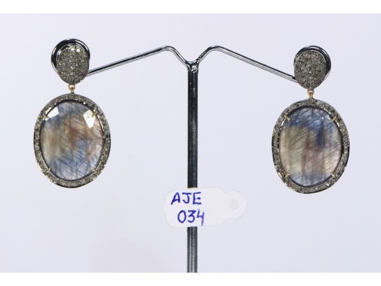 Antique Style Dangling  Earrings 14kt Gold  .925 Sterling Silver with Oxidized  Pave Diamonds and Sapphires 