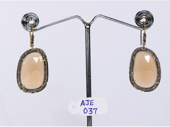 Antique Style Dangling  Earrings 14kt Gold  .925 Sterling Silver with Oxidized  Pave Diamonds and Orange Moonstone