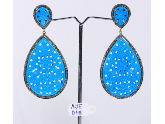Antique Style Dangling  Drop Shape Earrings 14kt Gold  .925 Sterling Silver with Oxidized  Pave Diamonds and Carved Turquoise