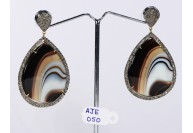 Antique Style Dangling  Earrings 14kt Gold  .925 Sterling Silver with Oxidized  Pave Diamonds and Marble Onyx
