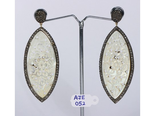 Antique Style Dangling  Drop Shape Earrings 14kt Gold  .925 Sterling Silver with Oxidized  Pave Diamonds and Carved Mother of Pearl