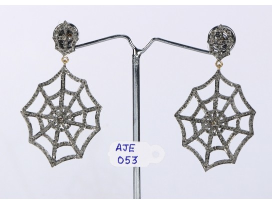 Antique Style Dangling  Spider Web Design Earrings .925 Sterling Silver with Oxidized  Pave Diamonds