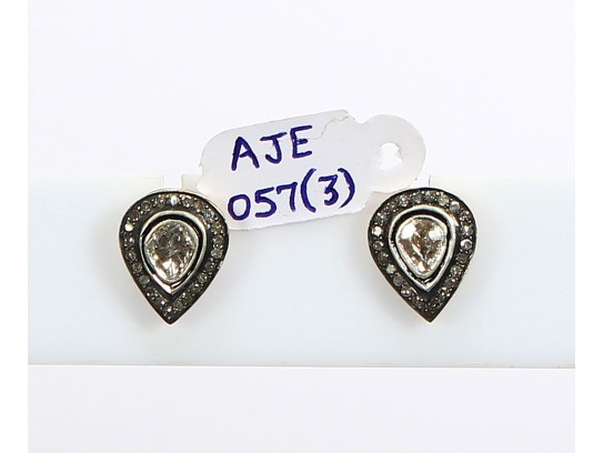 Antique Style Drop Shape Studs Earrings 14kt Gold .925 Sterling Silver with Oxidized  Rosecut Diamonds and Pave Diamonds