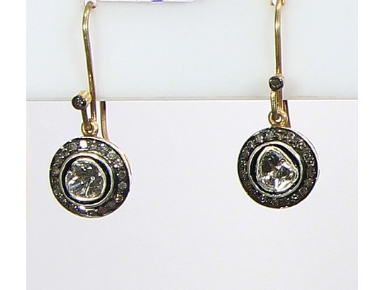 Antique Style Drop Shape Dangling Round shape Earrings .925 Sterling Silver with Oxidized  Rosecut Diamonds and Pave Diamonds
