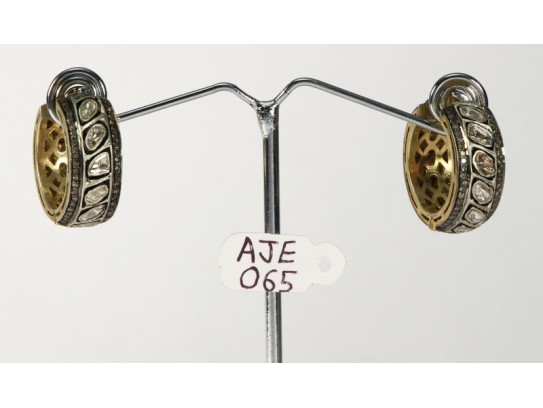 Antique Style Hoops Earrings 14kt Gold .925 Sterling Silver with Rosecut Diamonds and Pave Diamonds 