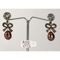 Antique Style Bow Shape Dangling Earrings 14kt Gold .925 Sterling Silver with Oxidized  Pave Diamonds and Brown Pearl