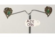 Antique Style Studs Leaf Shape Earrings  .925 Sterling Silver with Oxidized  Pave Diamonds and Emerald