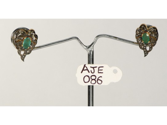 Antique Style Studs Leaf Shape Earrings  .925 Sterling Silver with Oxidized  Pave Diamonds and Emerald