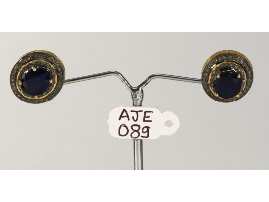 Antique Style Studs Earrings  .925 Sterling Silver with Oxidized  Pave Diamonds and Blue Sapphire