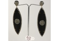 Antique Style Long Dangling  Earrings  .925 Sterling Silver with Oxidized  Pave Diamonds and Black Wood