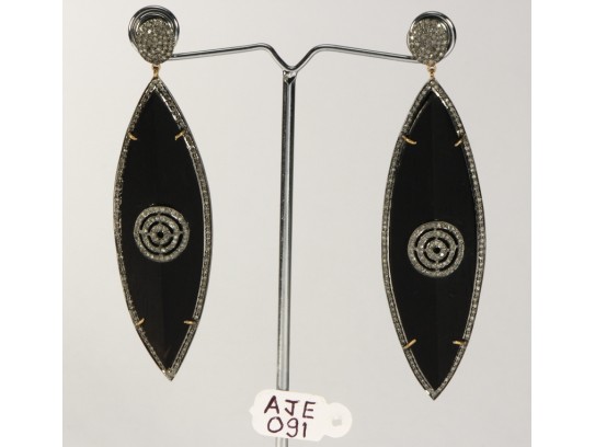 Antique Style Long Dangling  Earrings  .925 Sterling Silver with Oxidized  Pave Diamonds and Black Wood