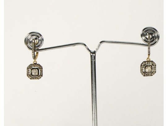 Antique Style Square Shape Dangling Earrings 14kt Gold .925 Sterling Silver with Oxidized  Rosecut Diamonds and Pave Diamonds