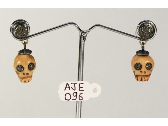 Antique Style Dangling  Earrings Skull Design 14kt Gold .925 Sterling Silver with Oxidized  Pave Diamonds and Carved Bone