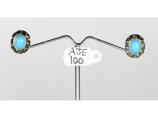 Antique Style Oval Shape Studs Earrings  .925 Sterling Silver with Oxidized  Pave Diamonds and Turquoise
