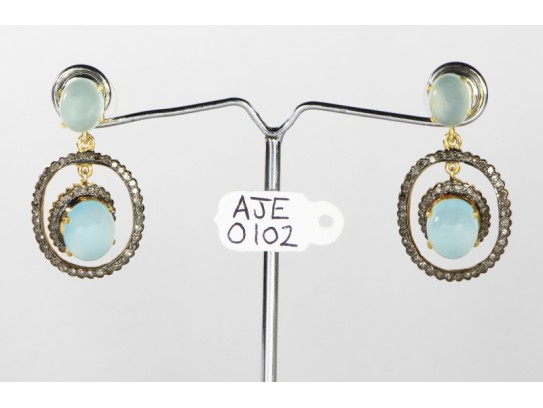 Antique Style Dangling  Earrings  .925 Sterling Silver with Oxidized  Pave Diamonds and Aquamarine