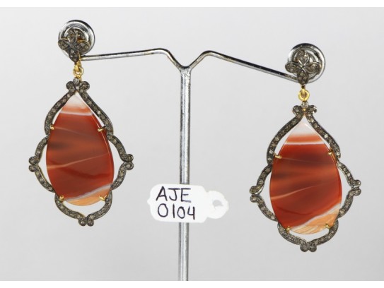 Antique Style Dangling  Earrings  .925 Sterling Silver with Oxidized  Pave Diamonds and Agate