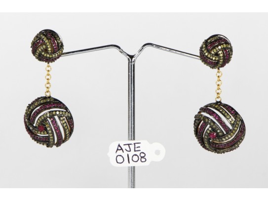Antique Style Dangling  Earrings 14kt Gold  .925 Sterling Silver with Oxidized  Pave Diamonds and Ruby