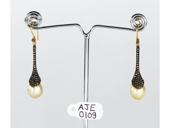 Antique Style Dangling  Hook Earrings Snake Design 14kt Gold   .925 Sterling Silver with Oxidized  Pave Diamonds and Pearls
