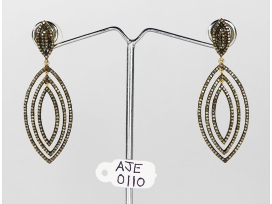 Antique Style Long Dangling  Earrings   .925 Sterling Silver with Oxidized  Pave Diamonds 