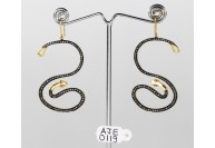 Antique Style Dangling  Hook Earrings 'S' Snake Design 14kt Gold   .925 Sterling Silver with Oxidized  Pave Diamonds and Ruby