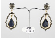 Antique Style Dangling  Earrings 14kt Gold  .925 Sterling Silver with Oxidized  Pave Diamonds and Blue Sapphires