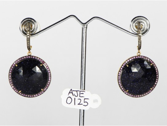 Antique Style Dangling  Earrings 14kt Gold  .925 Sterling Silver with Oxidized  Pave Diamonds and Sunstar and Pink Sapphire Gemstones
