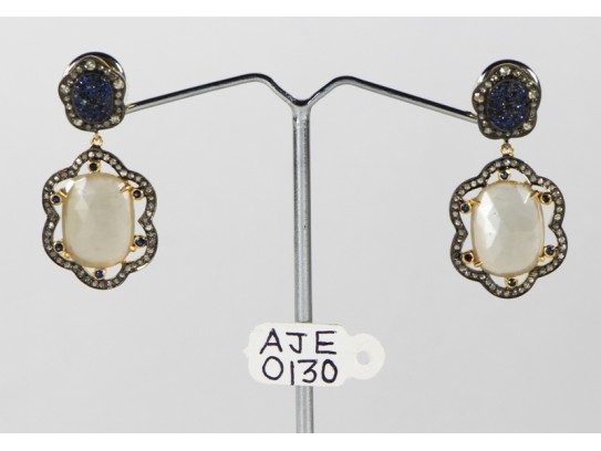 Antique Style Dangling  Earrings 14kt Gold  .925 Sterling Silver with Oxidized  Pave Diamonds and Moonstones and Blue Sapphires