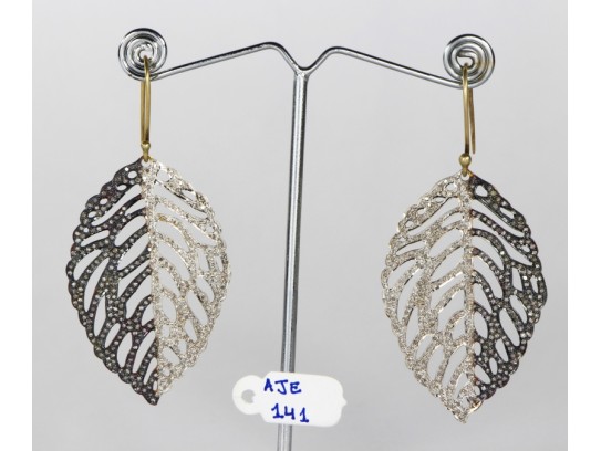 Antique Style Long Dangling Leaf Design 2-Tone Hook Earrings   .925 Sterling Silver with Oxidized  Pave Diamonds 