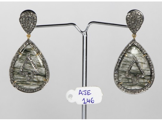 Antique Style Dangling Earrings 14kt Gold .925 Sterling Silver with Oxidized  Pave Diamonds and Rutile Quartz