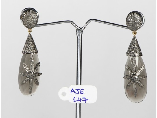 Antique Style Dangling Earrings 14kt Gold .925 Sterling Silver with Oxidized  Pave Diamonds and Moonstone